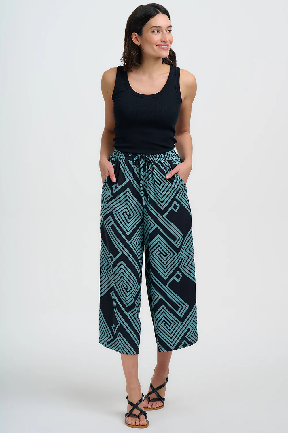 Ameera Cropped Wide Leg Trousers - Black/Green, Geometric Lines - Image 5