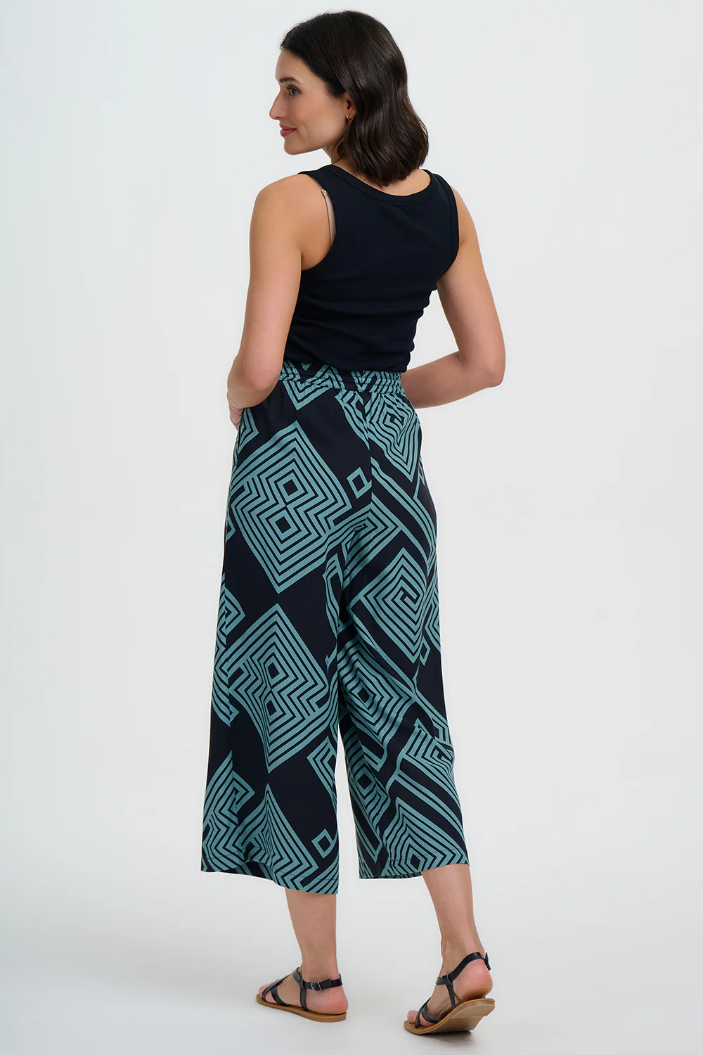 Ameera Cropped Wide Leg Trousers - Black/Green, Geometric Lines - Image 6