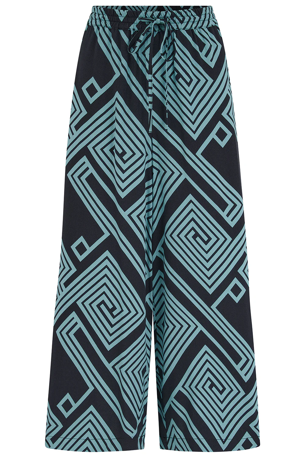 Ameera Cropped Wide Leg Trousers - Black/Green, Geometric Lines - Image 9