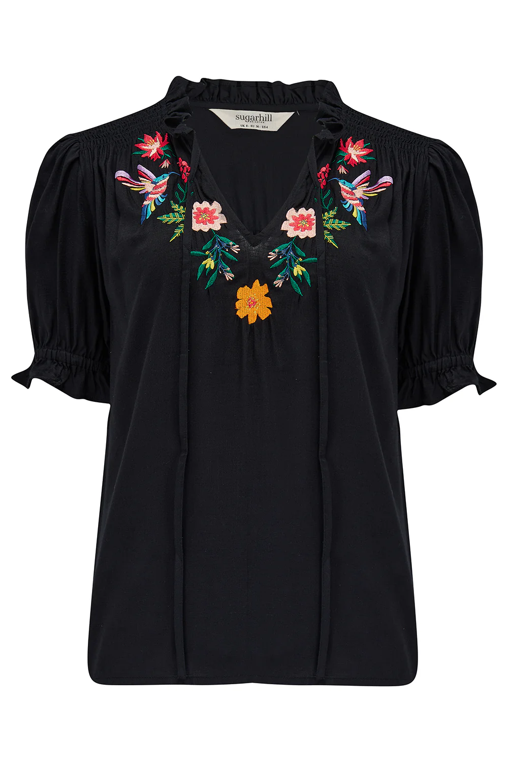 Angelique Shirred Top - Black, Tropical Hummingbird - Image 7