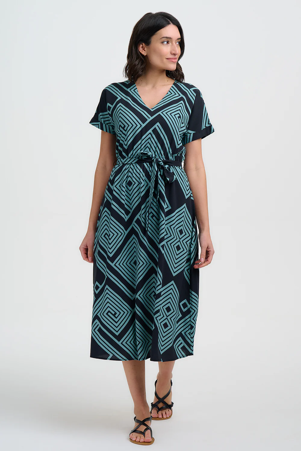 Bethan Midi Dress - Black/Green, Geometric Lines - Image 4