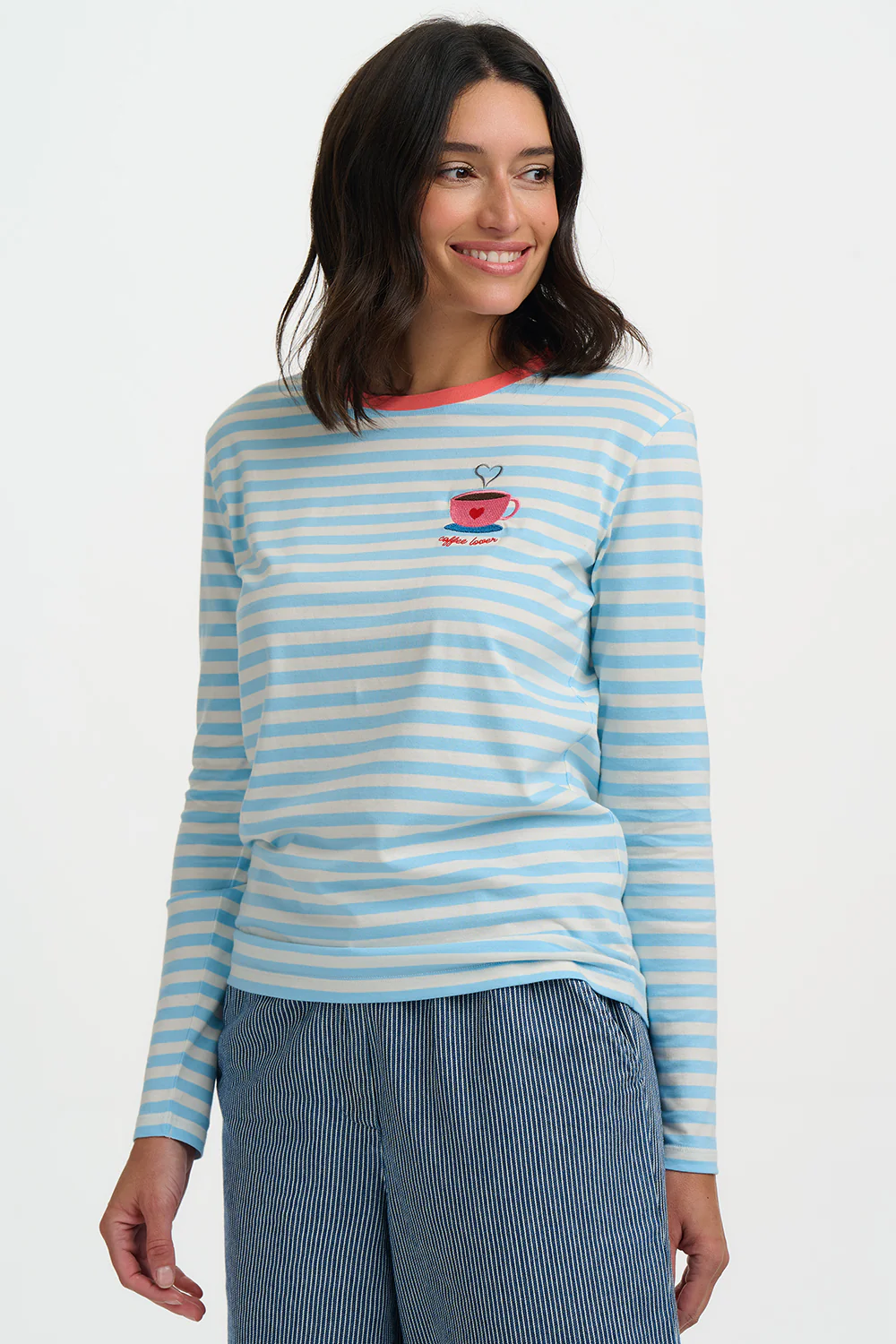 Brunswick Jersey Top - Off White/Blue, Coffee Cup - Image 2