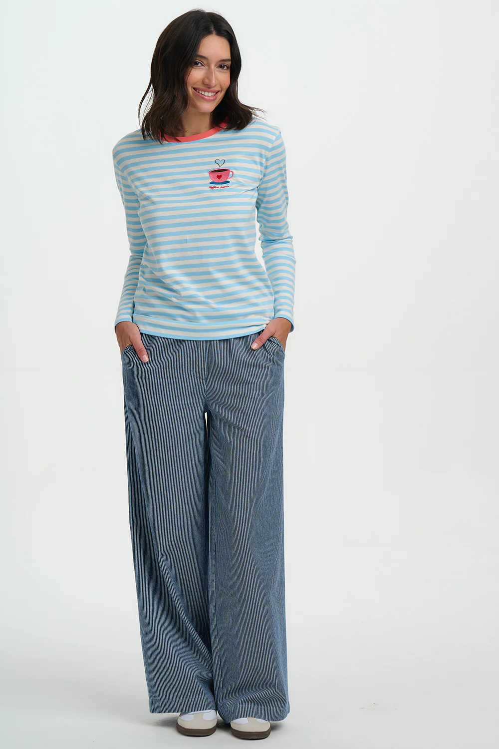 Brunswick Jersey Top - Off White/Blue, Coffee Cup - Image 4