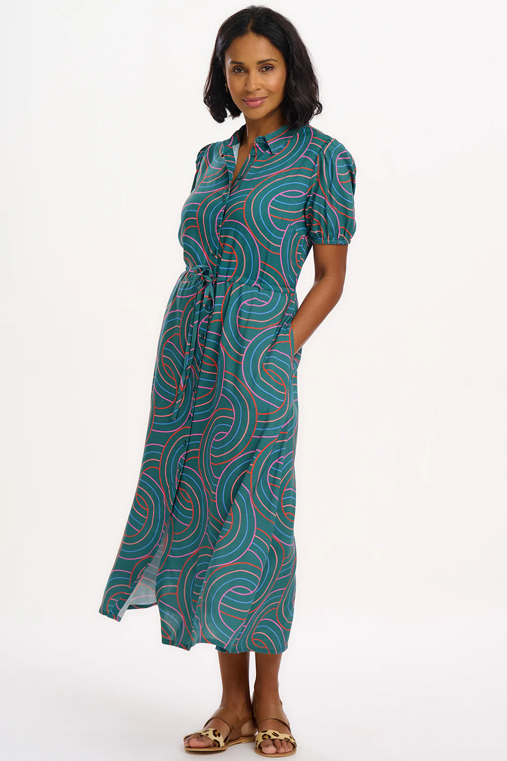 Cassandra Midi Shirt Dress - Green, Concentric Circles - Image 4