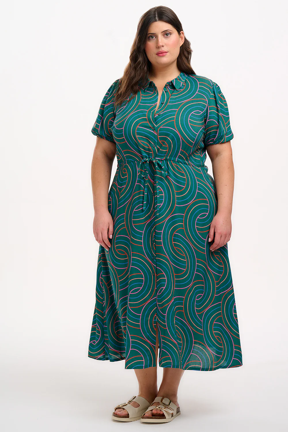 Cassandra Midi Shirt Dress - Green, Concentric Circles - Image 6
