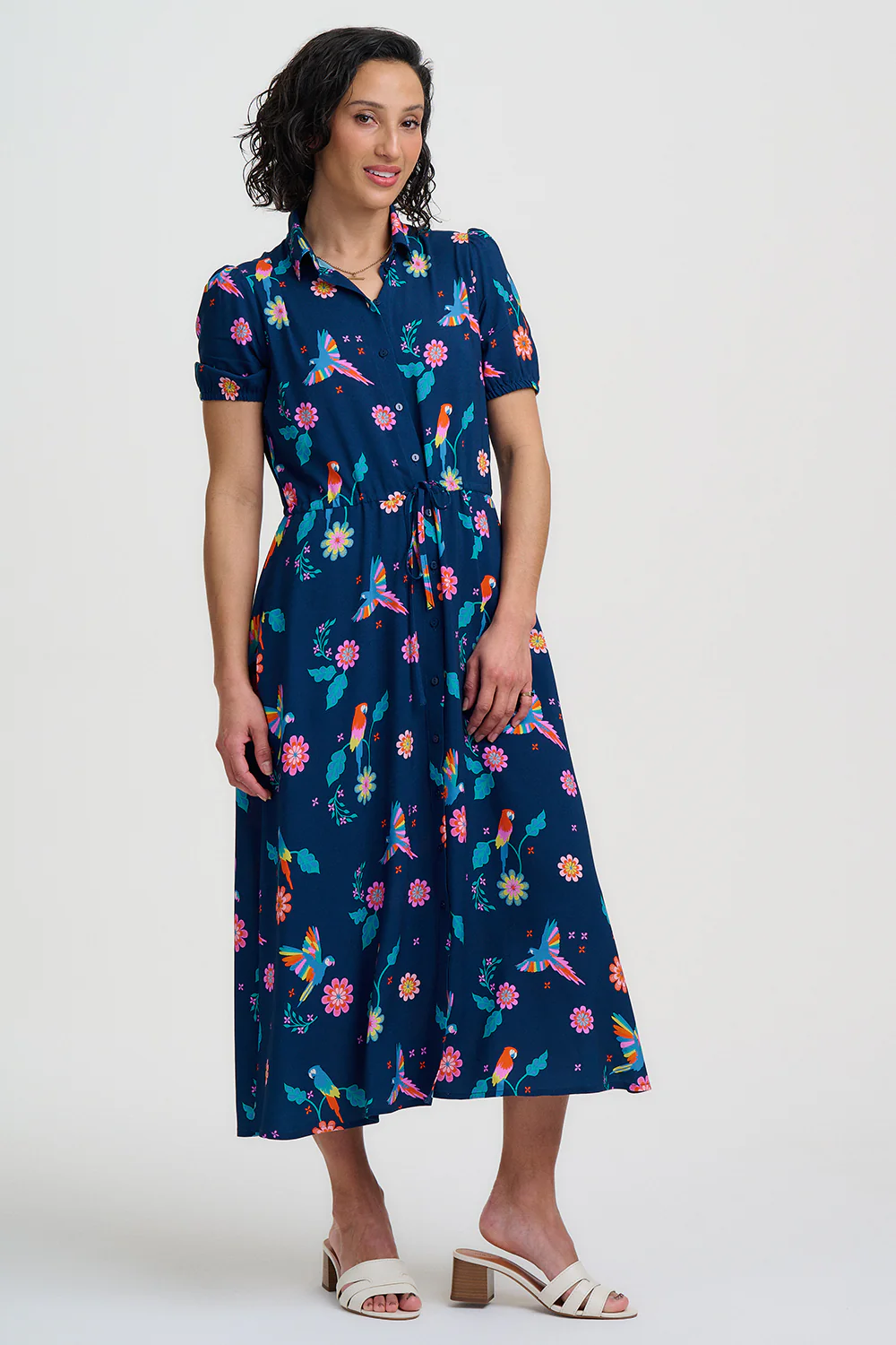Cassandra Midi Shirt Dress - Teal, Parrot Floral - Image 4