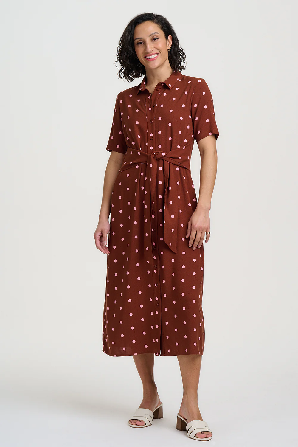 Celeste Midi Shirt Dress - Brown, Pink Polka - Image 3