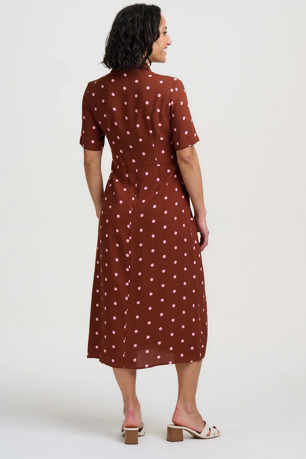 Celeste Midi Shirt Dress - Brown, Pink Polka - Image 4
