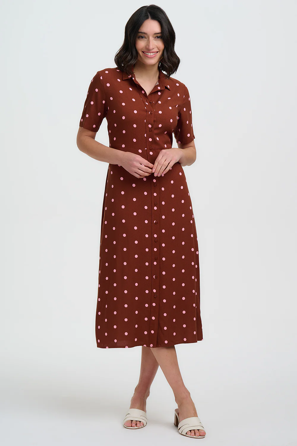 Celeste Midi Shirt Dress - Brown, Pink Polka - Image 5