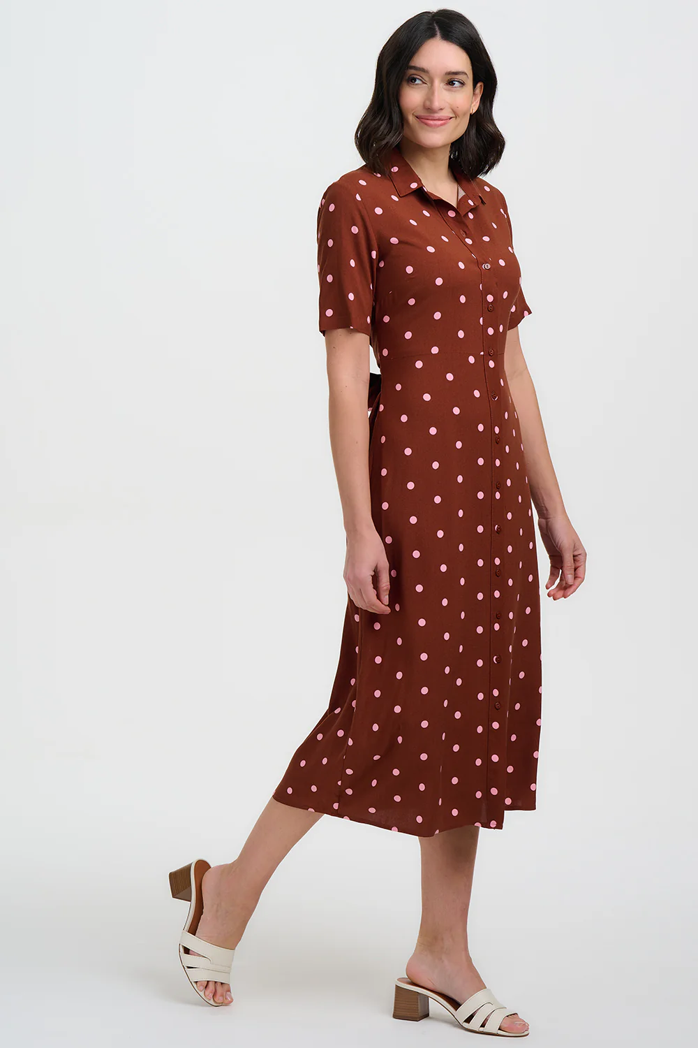 Celeste Midi Shirt Dress - Brown, Pink Polka - Image 6