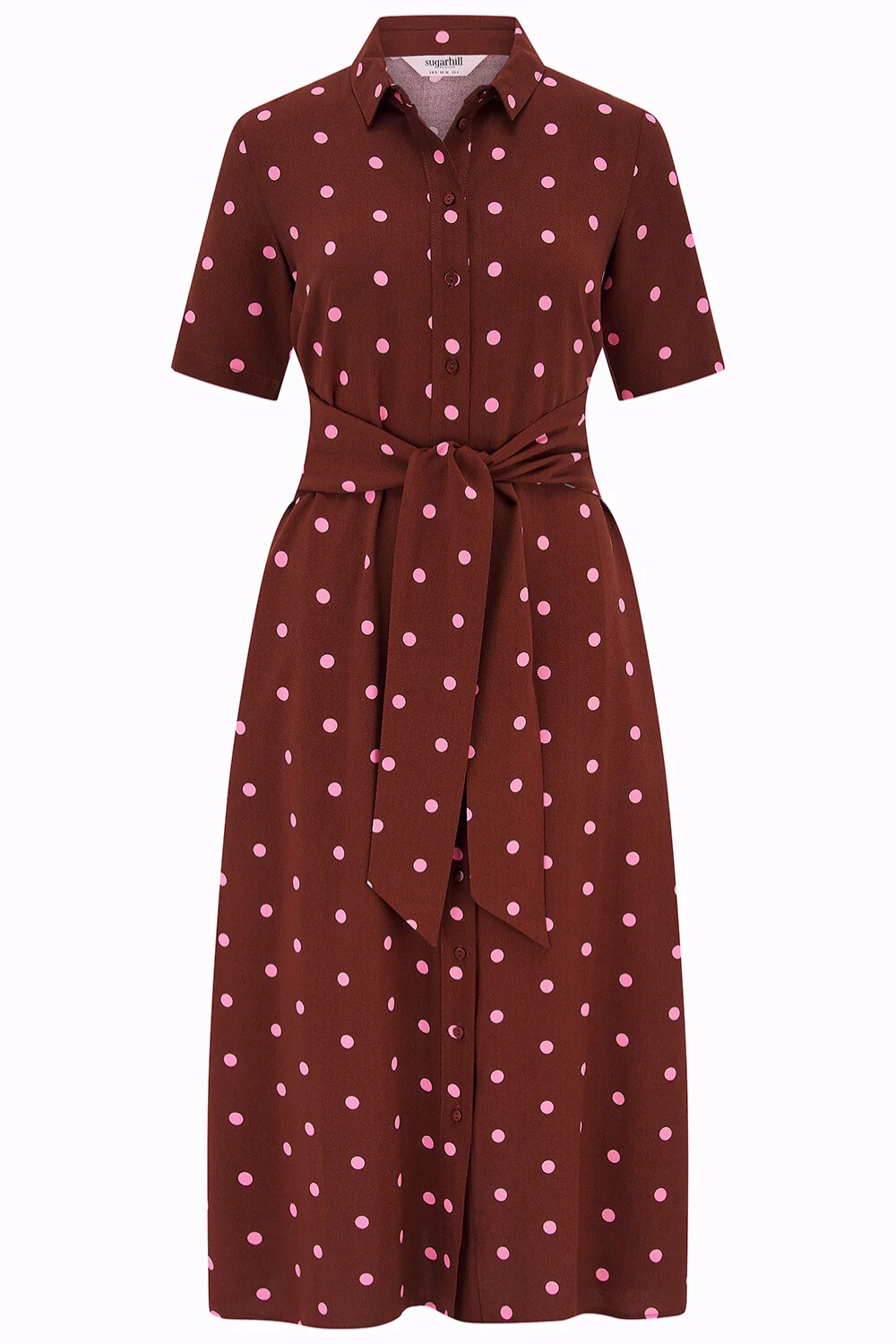 Celeste Midi Shirt Dress - Brown, Pink Polka - Image 8