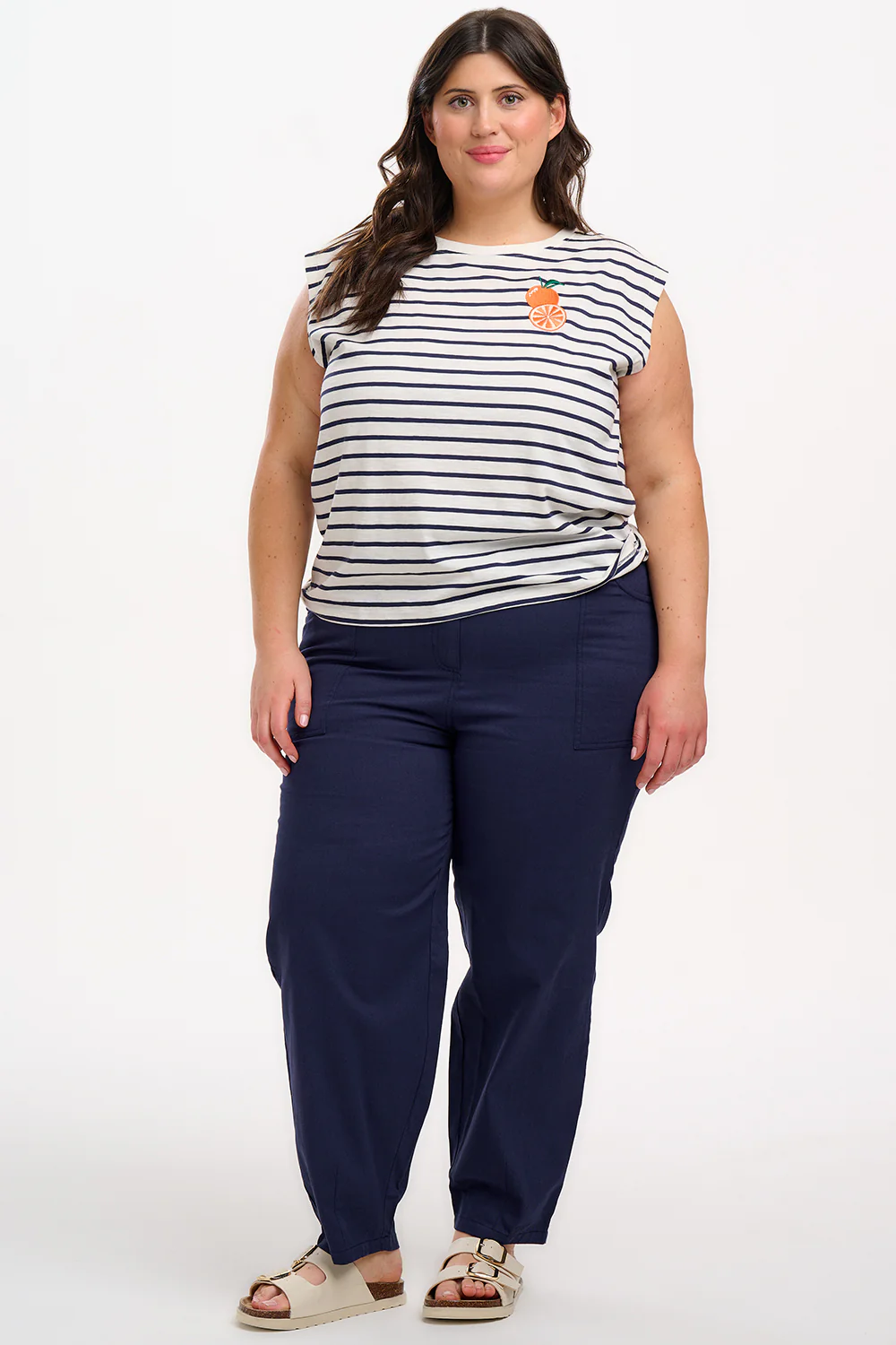 Chrissy Relaxed Tank T-Shirt - Off-White/Navy, Fruity Orange - Image 3