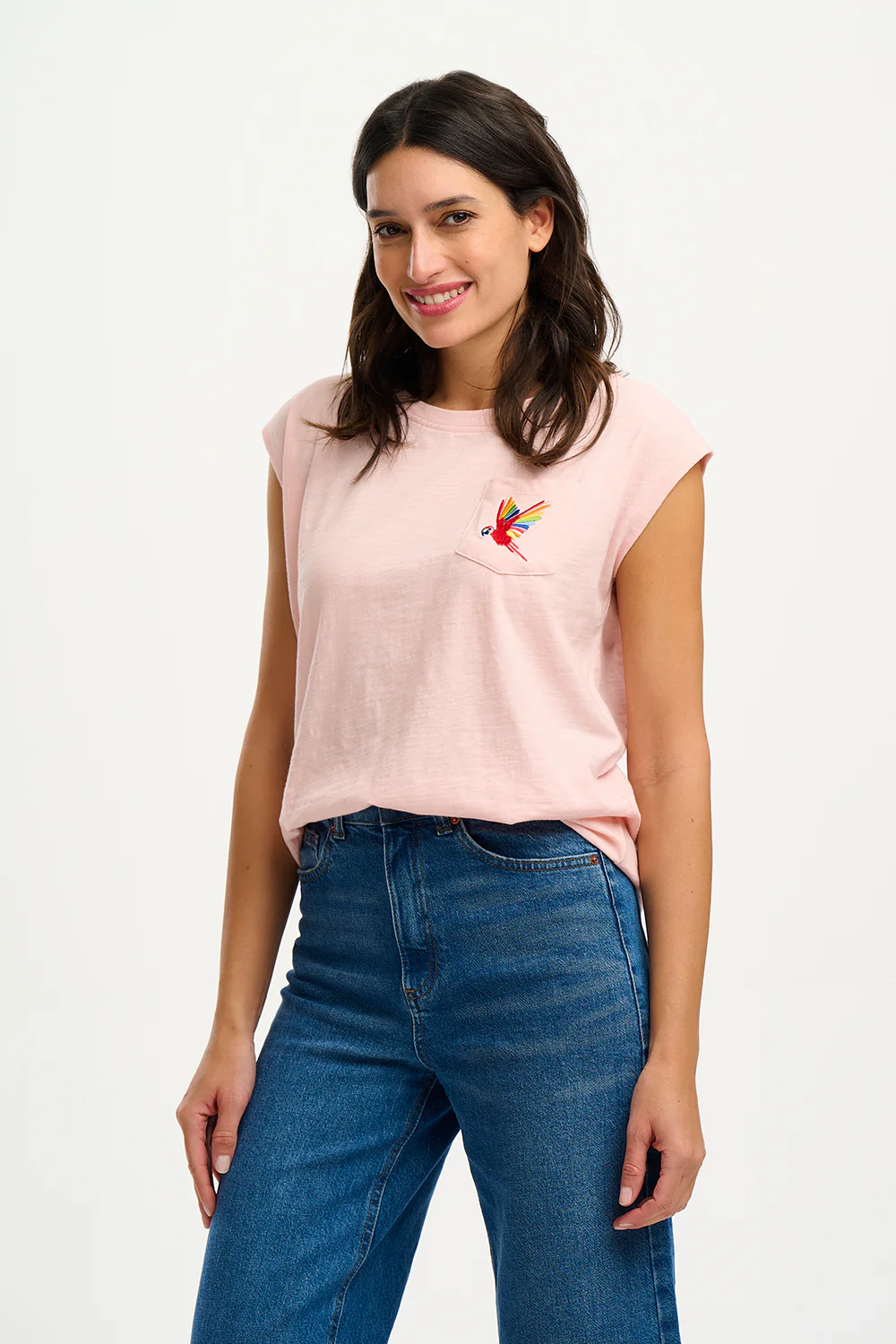 Chrissy Relaxed Tank T-shirt - Pink, Rainbow Parrot Embroidery - Image 3