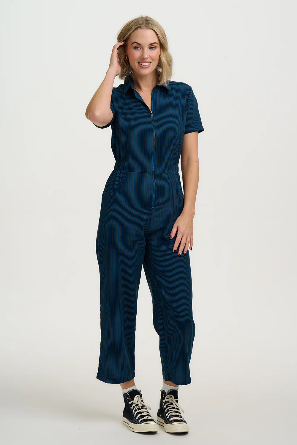 Cora Cropped Jumpsuit - Black/Teal, Thin Stripe - Image 4