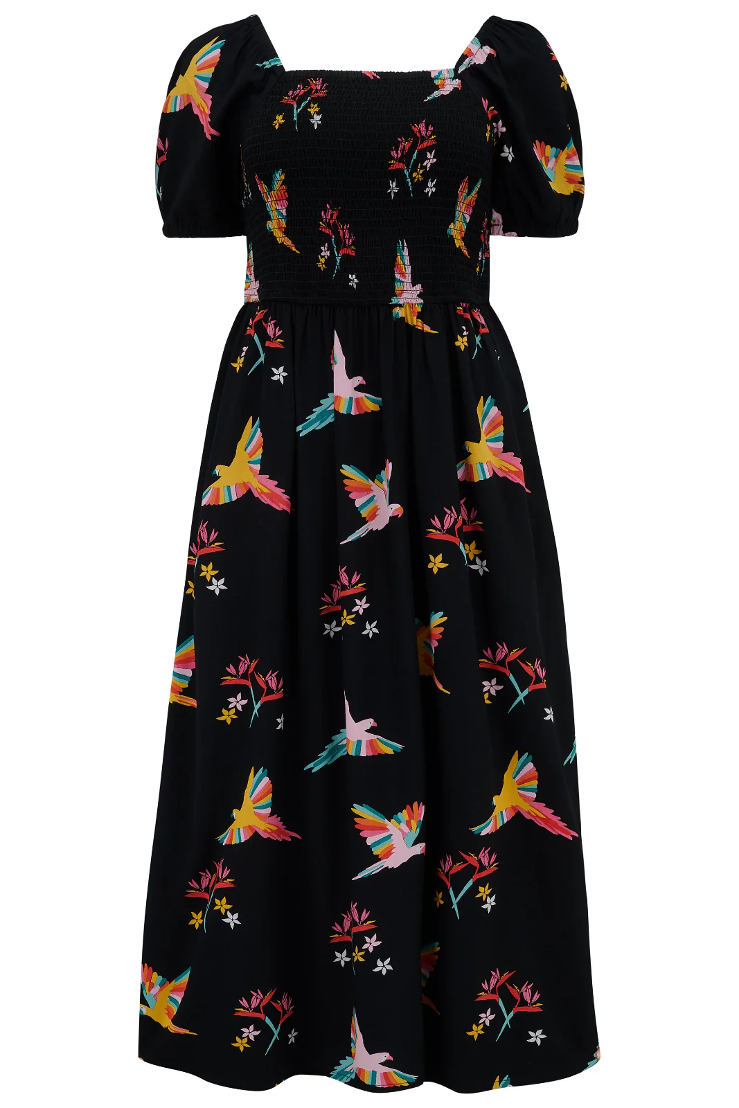 Jolene Midi Shirred Dress - Black, Tropical Parrots - Image 5