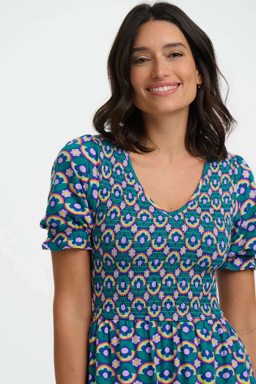 Daphne Shirred Jersey Midi Dress - Navy, Kaleidoscope Daisy - Image 3