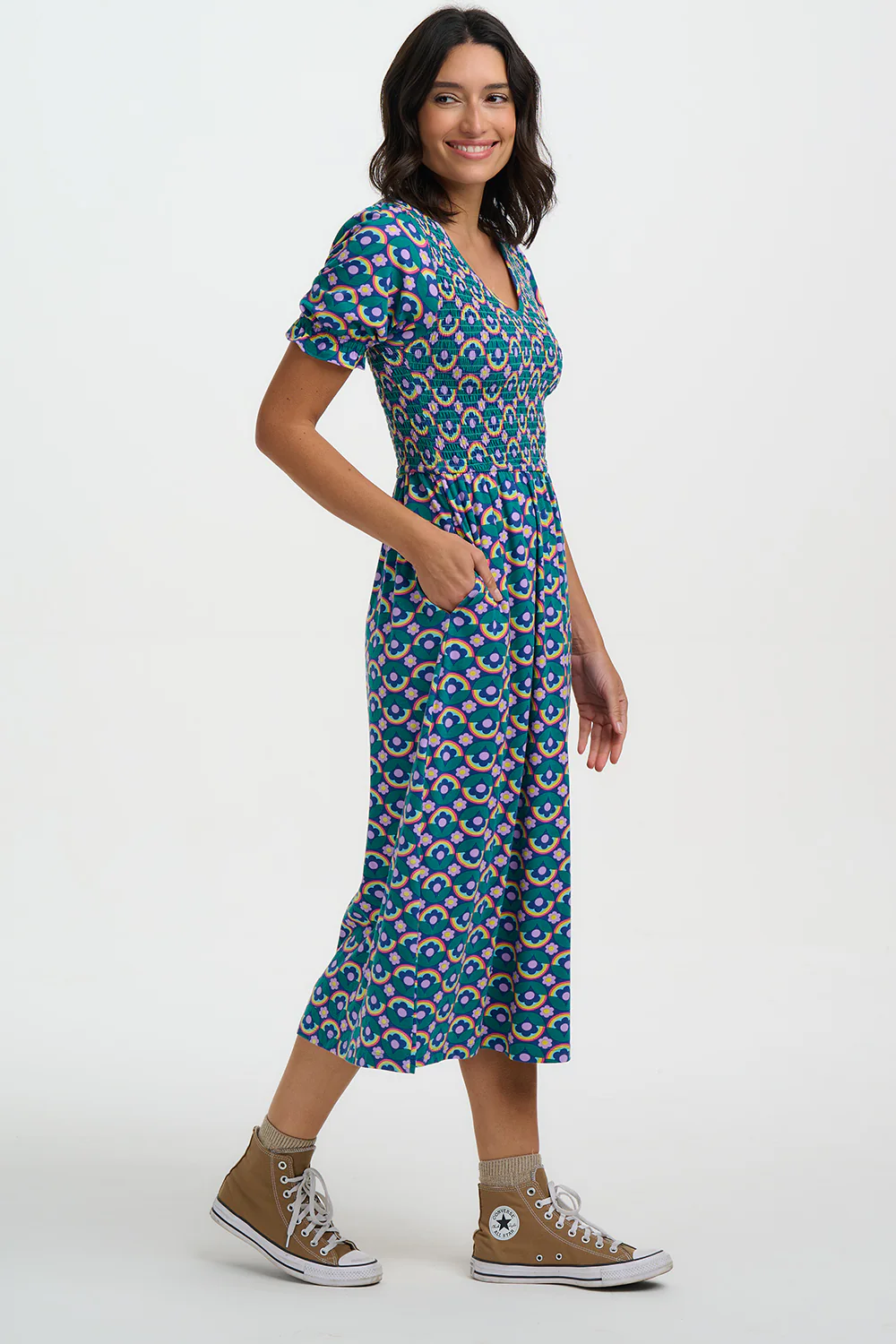 Daphne Shirred Jersey Midi Dress - Navy, Kaleidoscope Daisy - Image 4