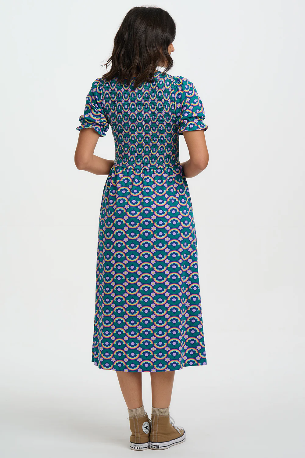 Daphne Shirred Jersey Midi Dress - Navy, Kaleidoscope Daisy - Image 5
