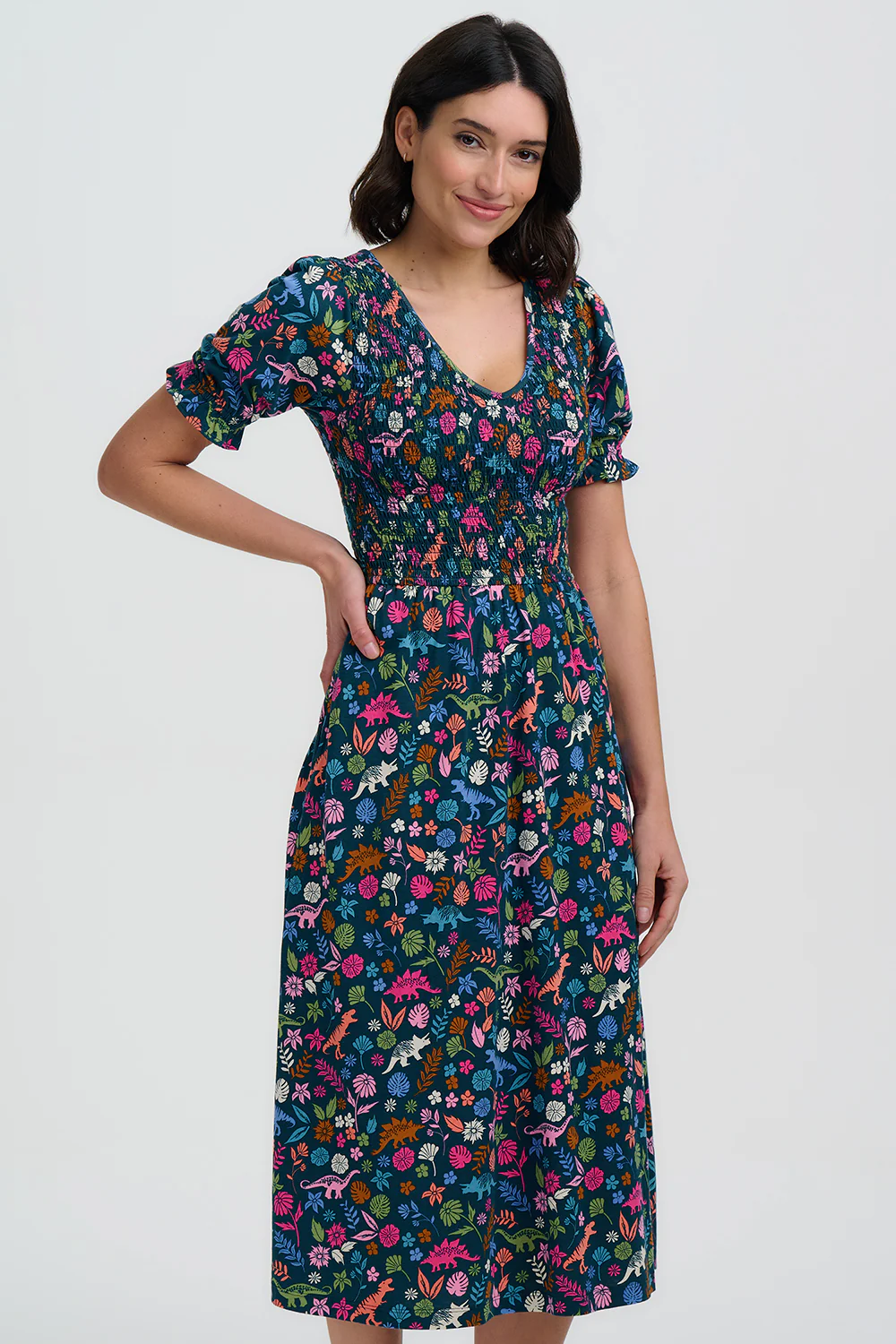 Daphne Shirred Jersey Midi Dress - Teal/Multi, Hidden Dinosaur - Image 4