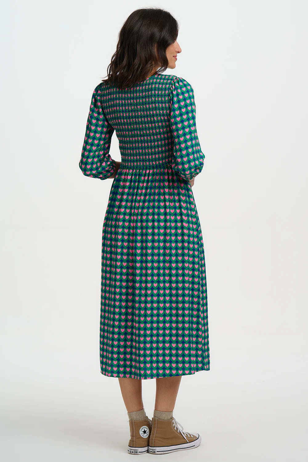 Della Shirred Midi Dress - Navy, Heart Tile - Image 3