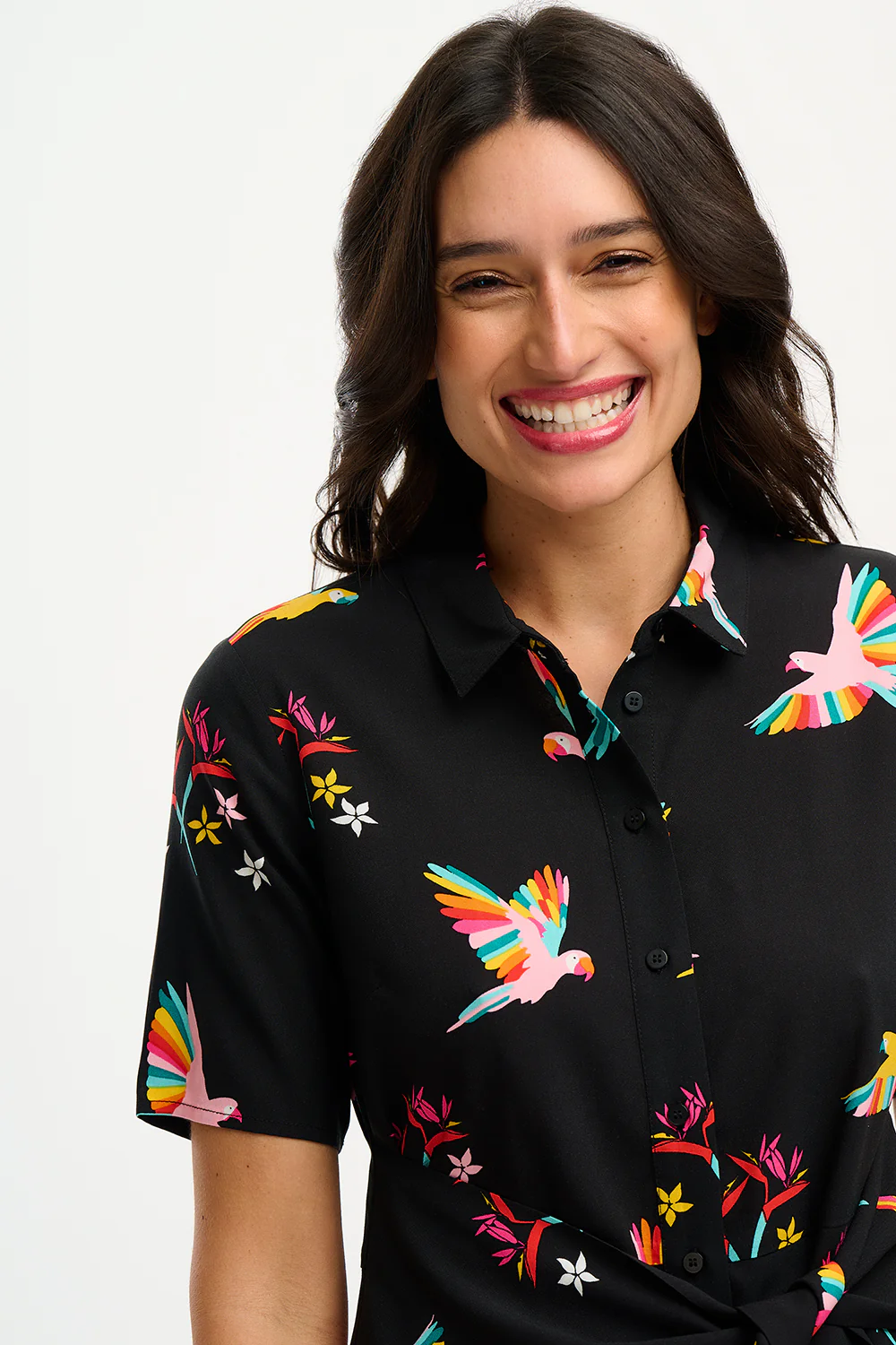 Dessie Mini Shirt Dress - Black, Tropical Parrots - Image 2