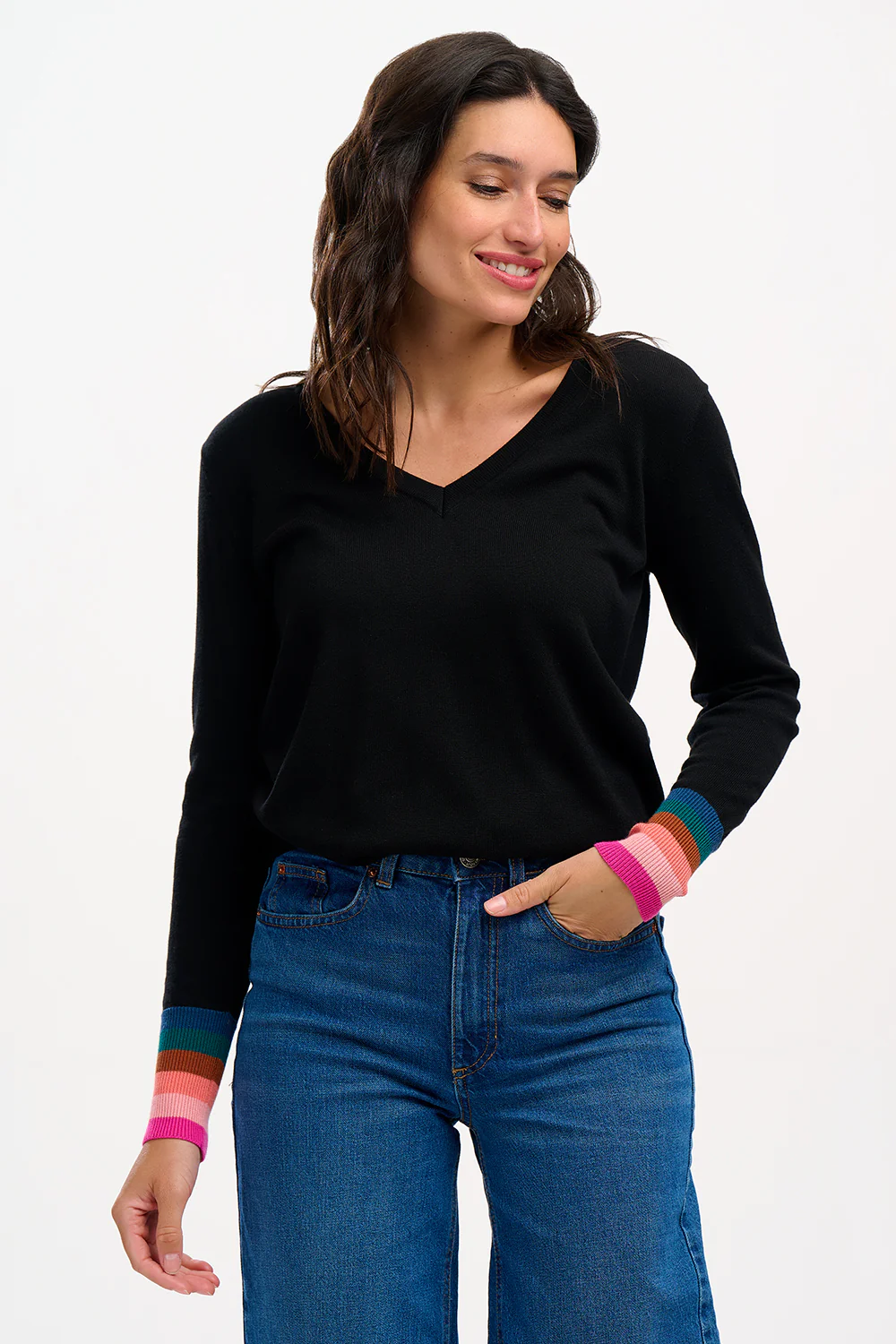 Doris V-neck Jumper - Black, Stripe Cuffs - Image 3
