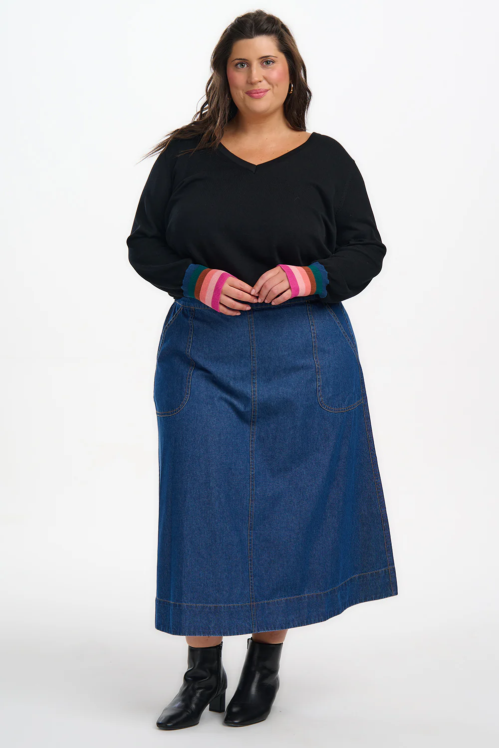 Doris V-neck Jumper - Black, Stripe Cuffs - Image 4