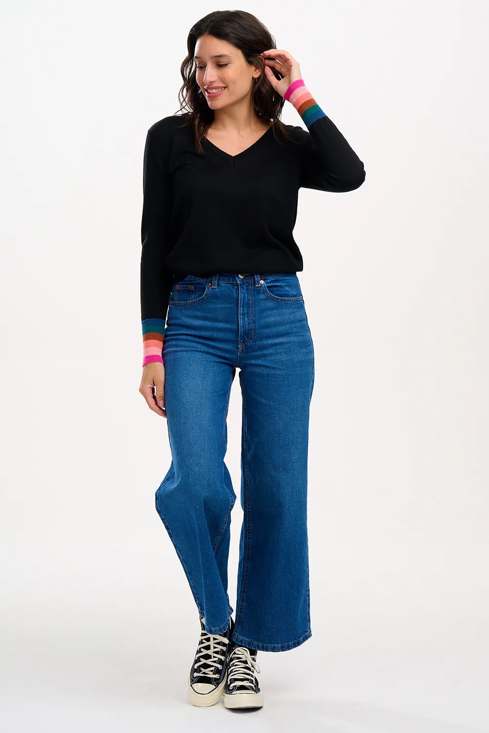 Doris V-neck Jumper - Black, Stripe Cuffs - Image 5