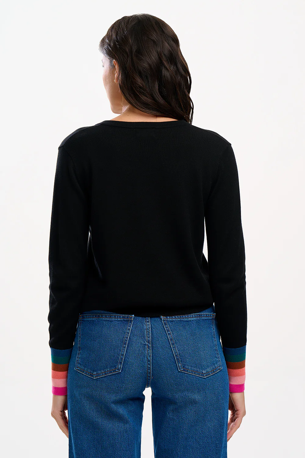 Doris V-neck Jumper - Black, Stripe Cuffs - Image 6