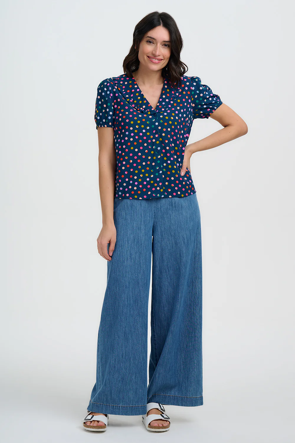 Elaine Frill Blouse - Petrol Navy, Rainbow Marbles - Image 4