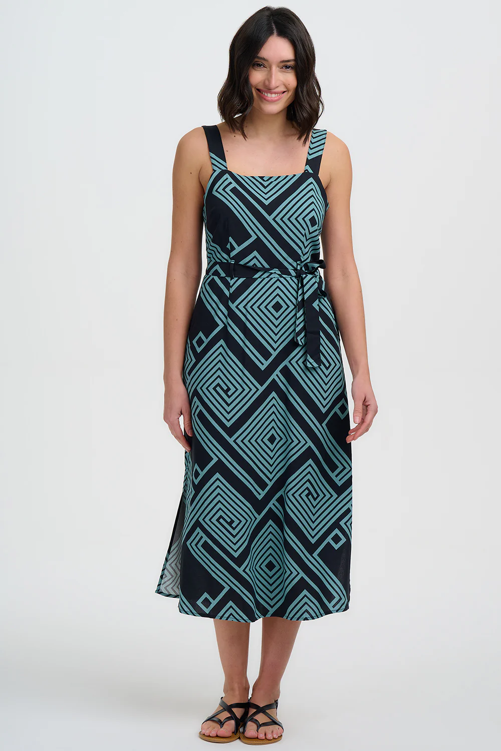 Elva Midi Sundress - Black/Green, Geometric Lines - Image 3