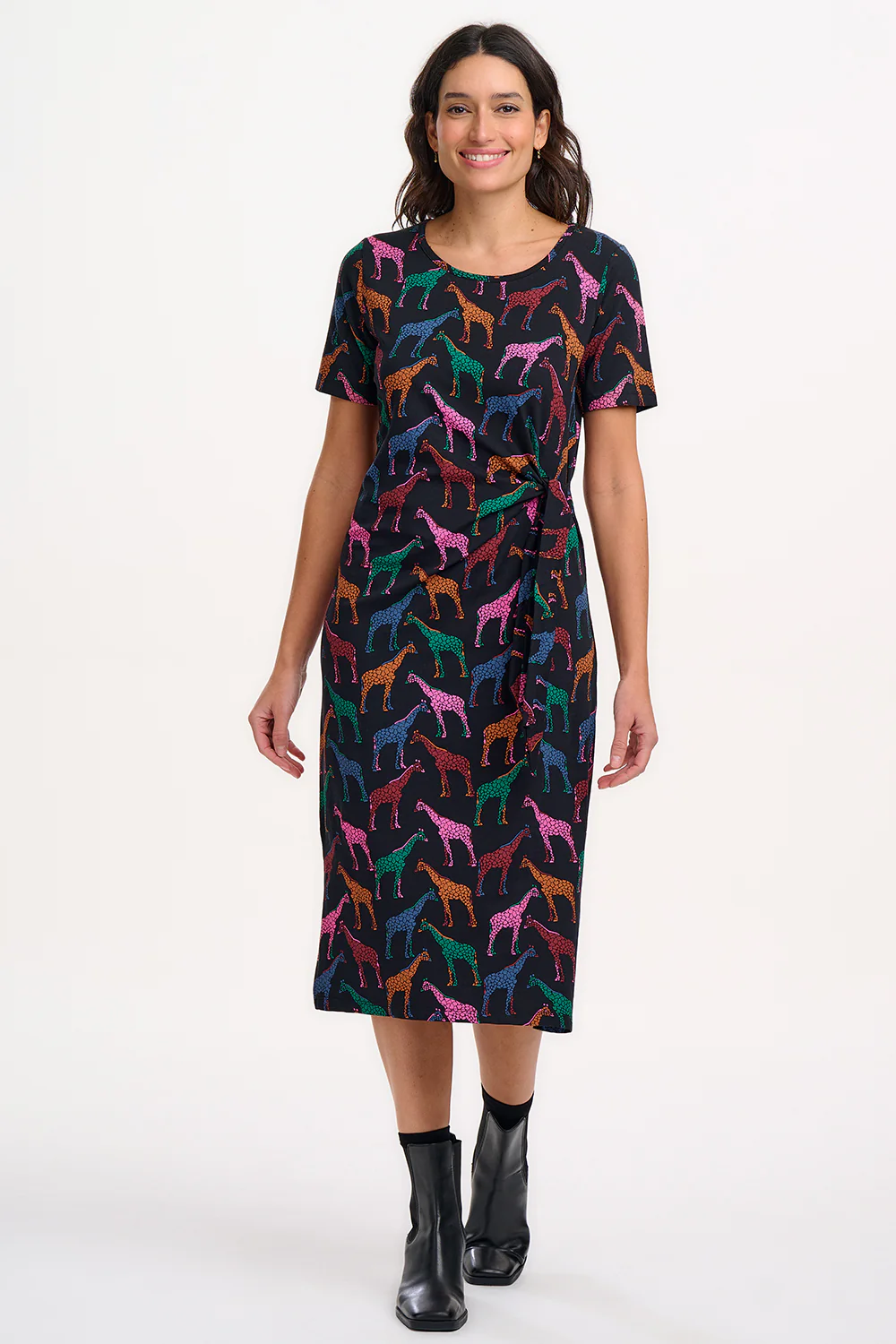 Emersyn Midi Jersey Dress - Black, Giraffe Spots - Image 3