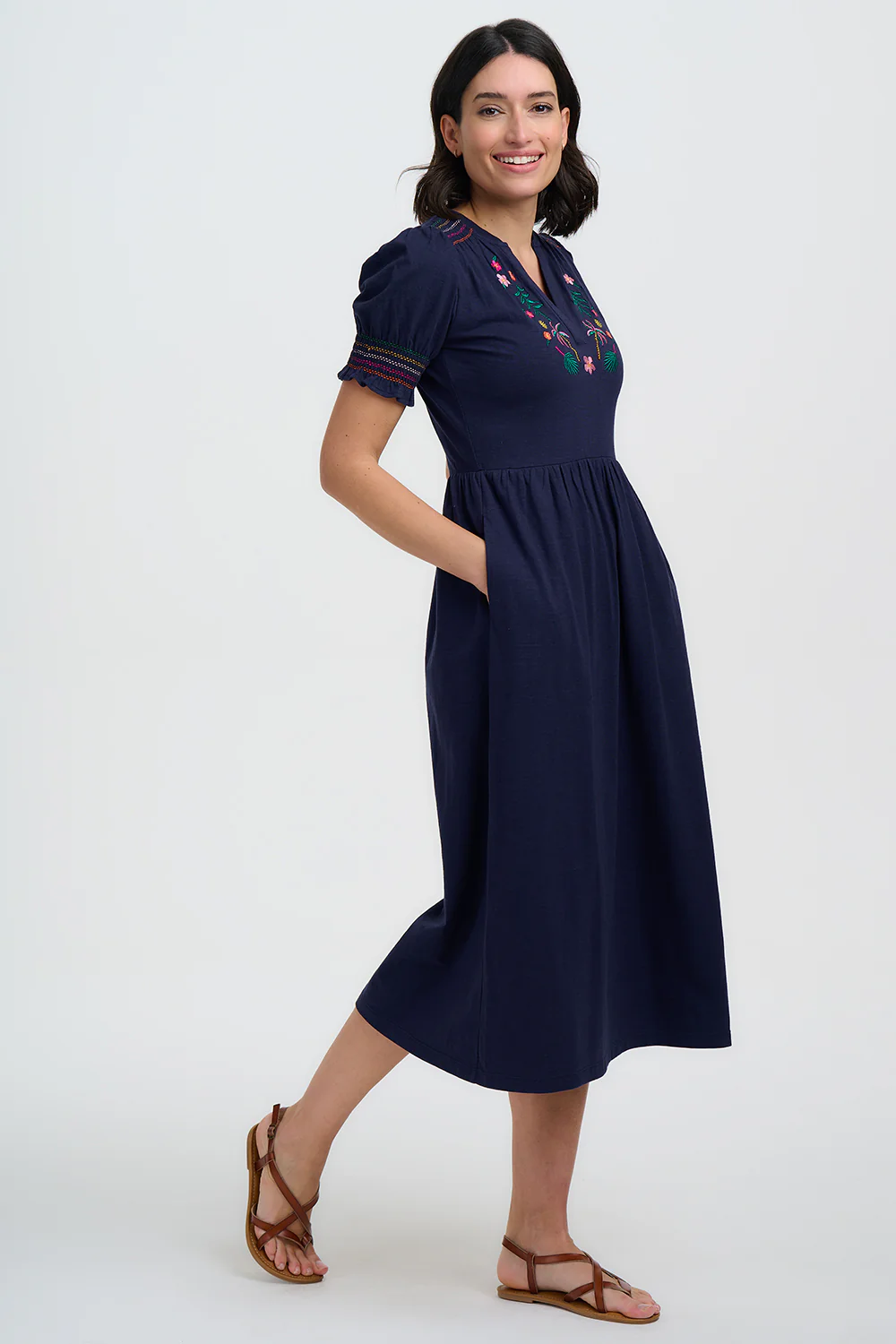 Esme Jersey Midi Dress - Navy, Tropic Palm Embroidery - Image 4