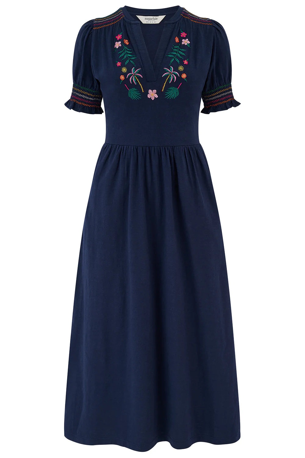 Esme Jersey Midi Dress - Navy, Tropic Palm Embroidery - Image 6