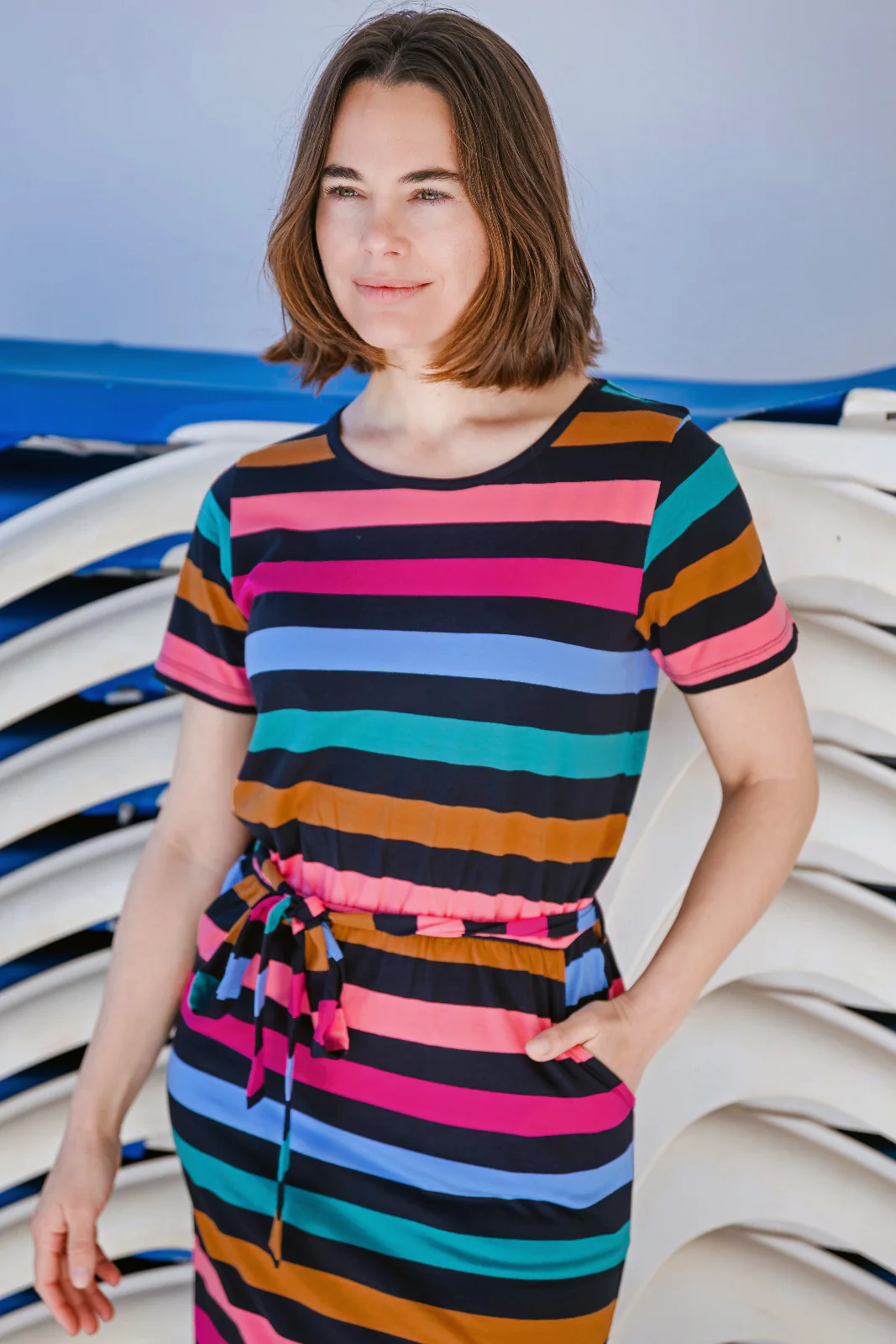 Flissy Jersey Midi Dress - Black/Multi, Alternating Stripes - Image 8