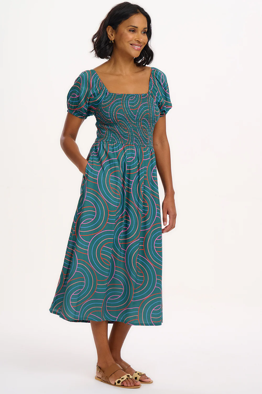 Jolene Shirred Midi Dress - Green, Concentric Circles - Image 4