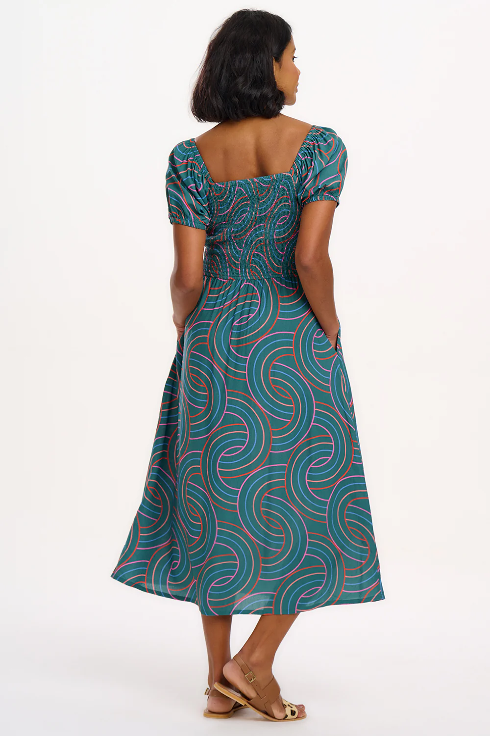 Jolene Shirred Midi Dress - Green, Concentric Circles - Image 5