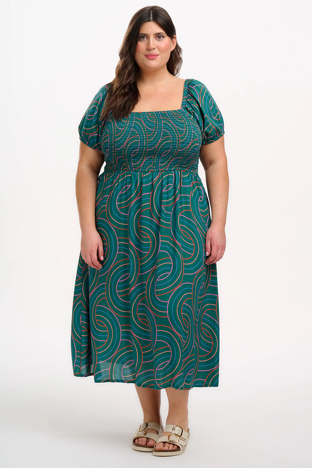 Jolene Shirred Midi Dress - Green, Concentric Circles - Image 6