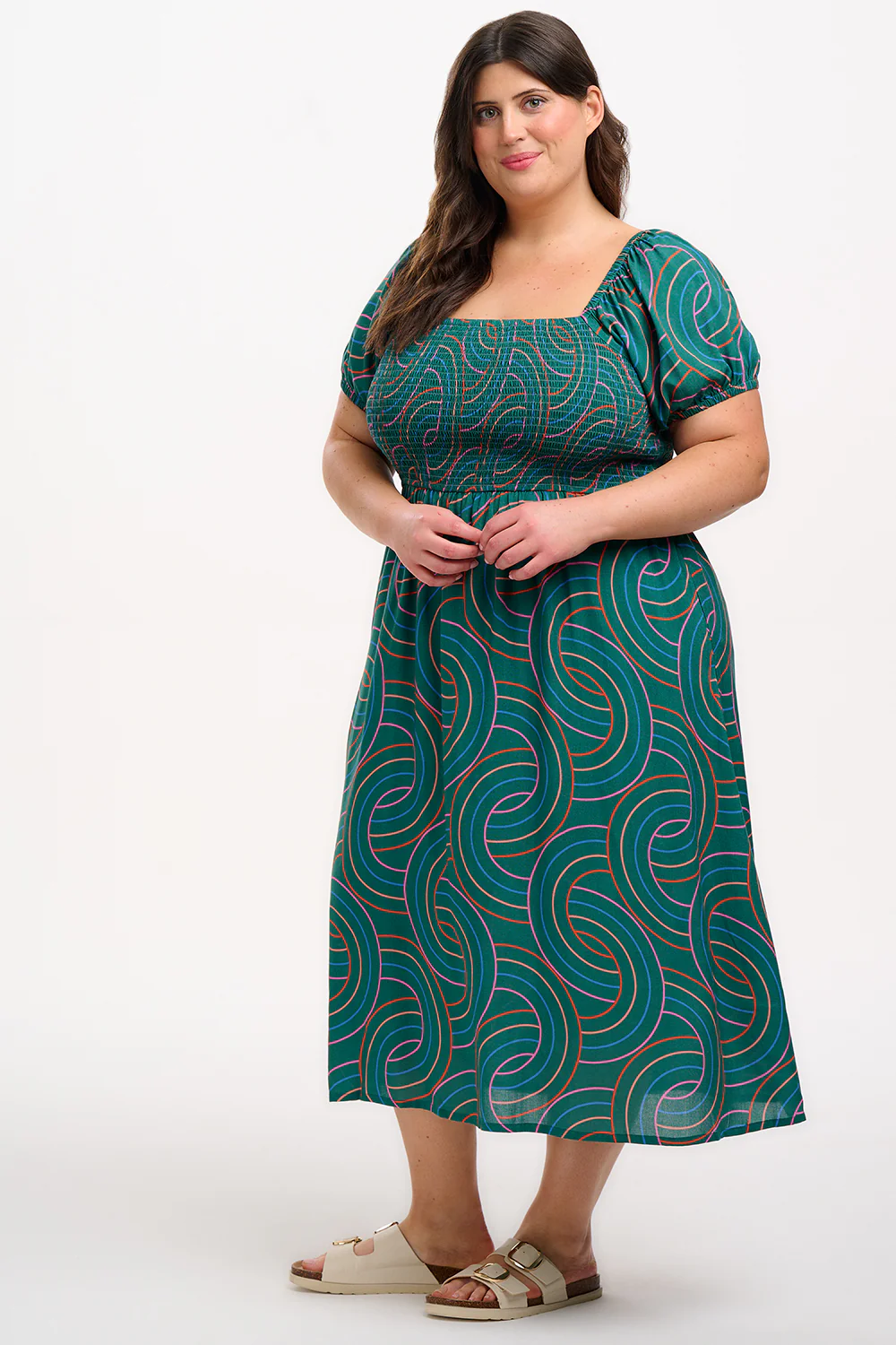 Jolene Shirred Midi Dress - Green, Concentric Circles - Image 7
