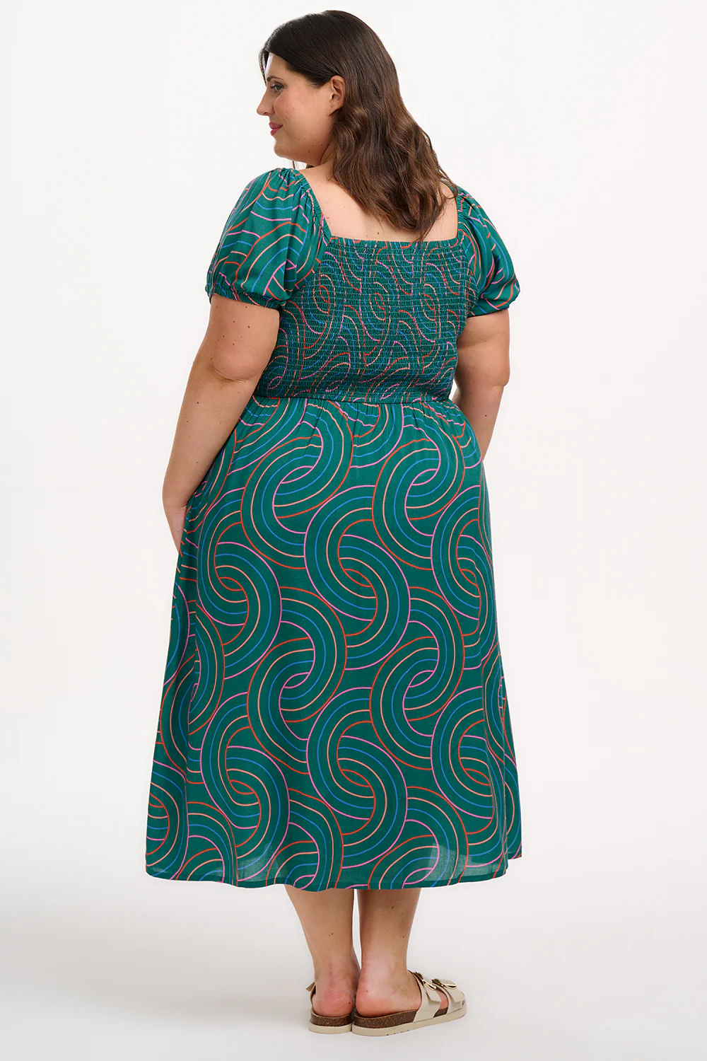 Jolene Shirred Midi Dress - Green, Concentric Circles - Image 8