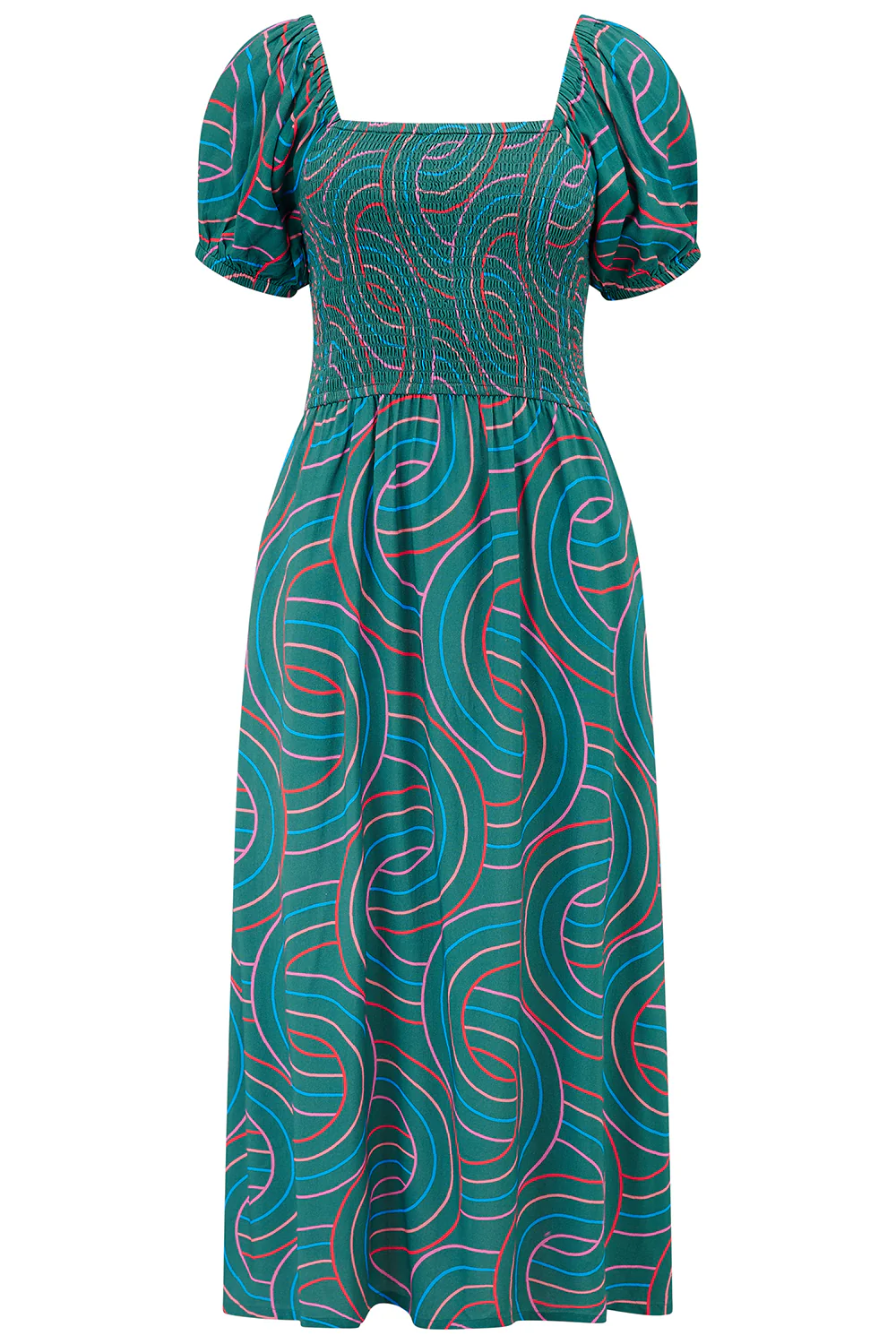 Jolene Shirred Midi Dress - Green, Concentric Circles - Image 9