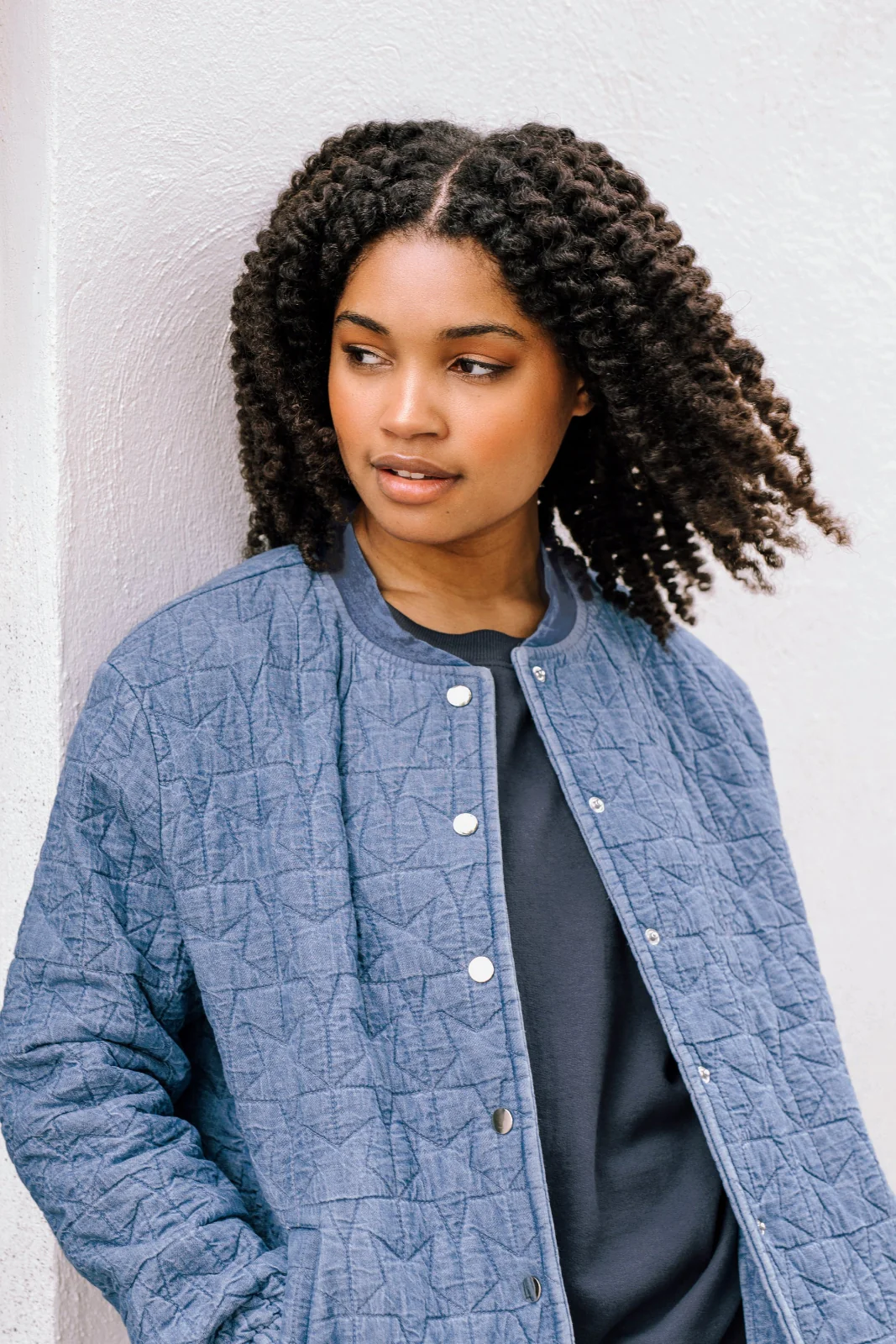 Kinga Quilted Bomber Jacket - Light Blue Denim, Star Quilt - Image 6