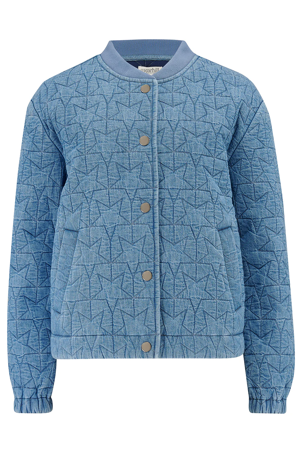 Kinga Quilted Bomber Jacket - Light Blue Denim, Star Quilt - Image 7