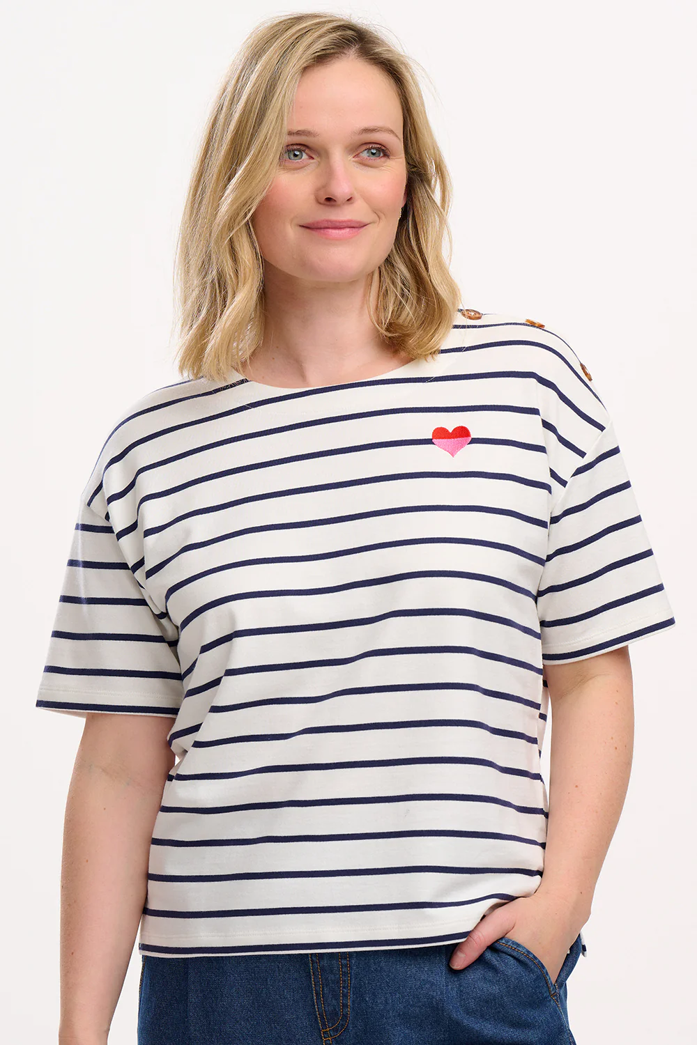 Kirby Breton Tee Top - Off-White/Navy, Split Heart