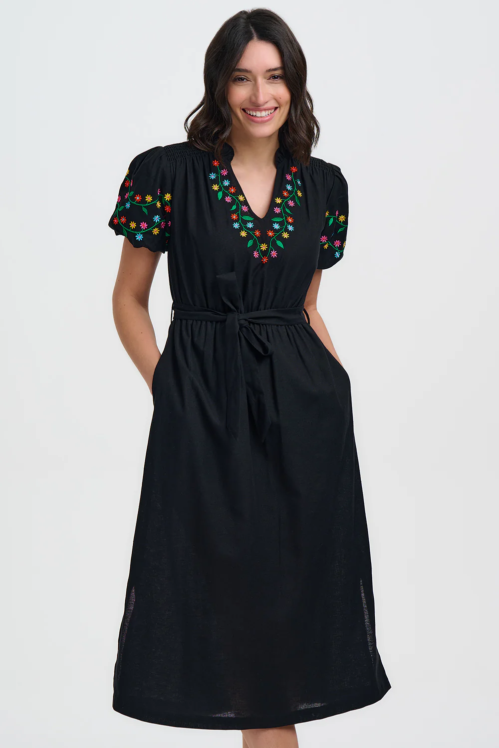 Lainey Midi Dress - Black, Floral Vine