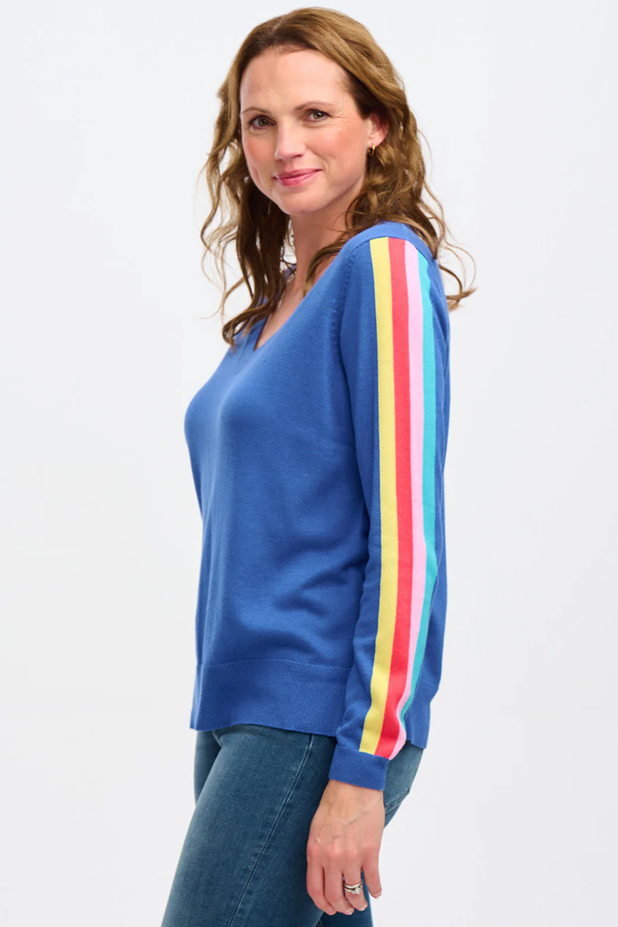 Libby V-neck Jumper - Blue, Sports Stripe - Image 2