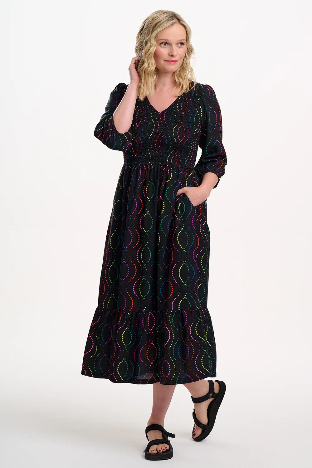 Magdalene Shirred Midi Dress - Black, Dotted Waves - Image 3