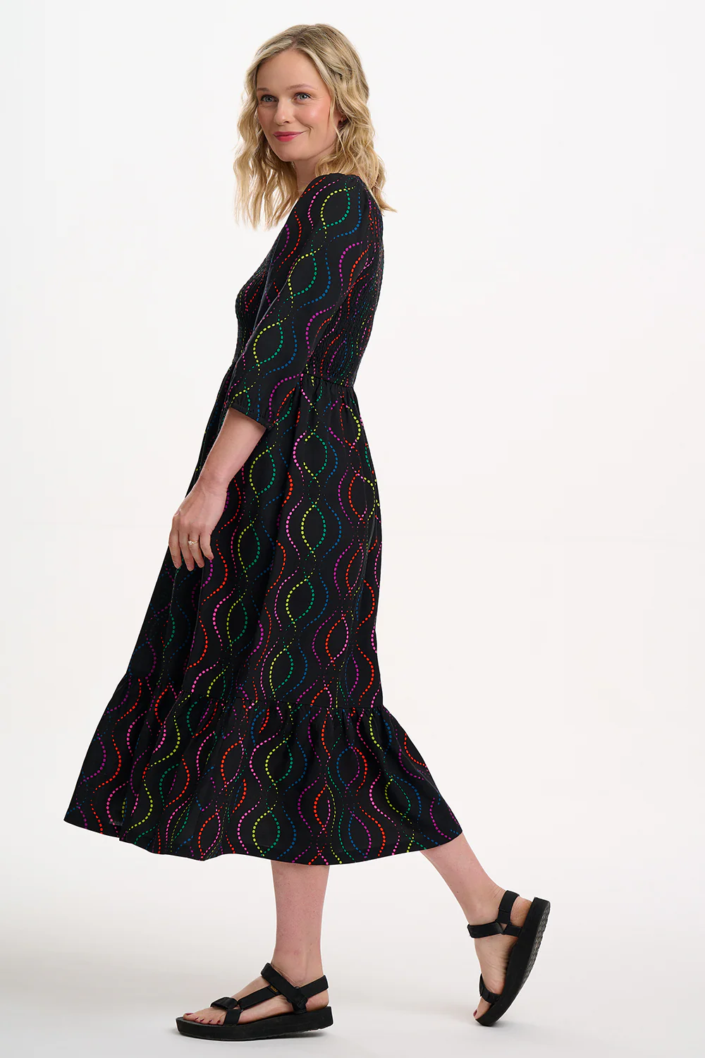 Magdalene Shirred Midi Dress - Black, Dotted Waves - Image 6