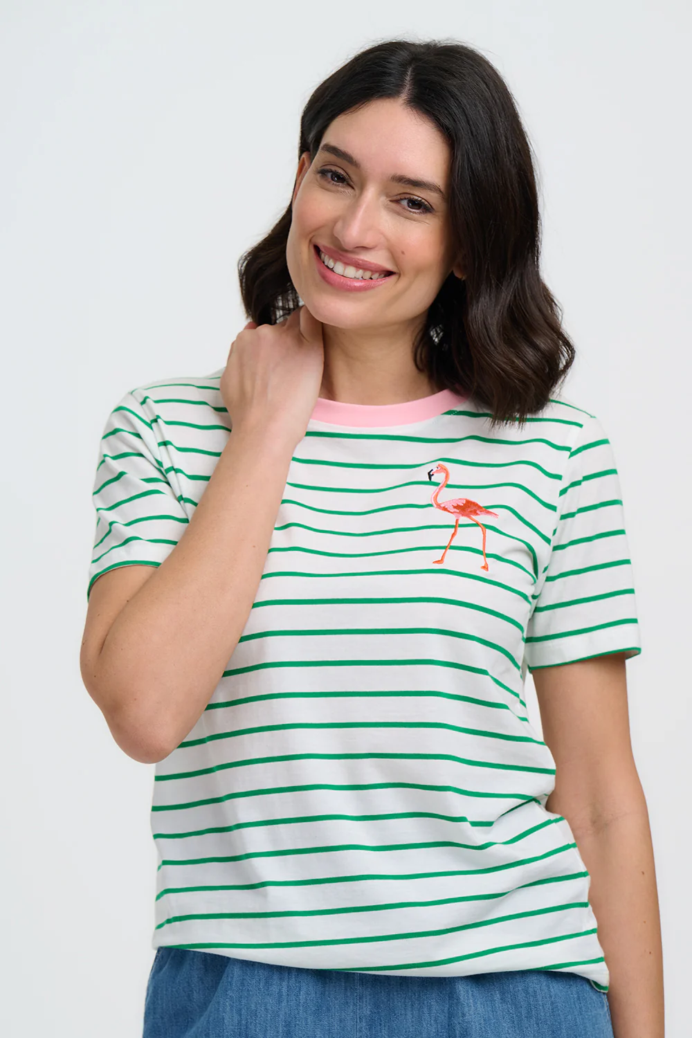 Maggie T-Shirt - Off White/Green Stripes, Flamingo