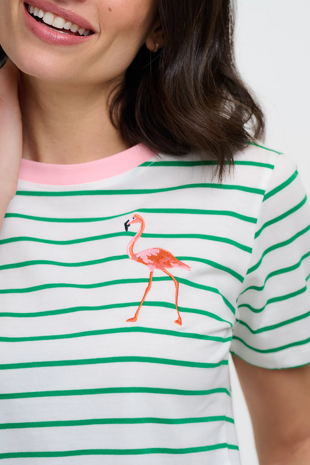 Maggie T-Shirt - Off White/Green Stripes, Flamingo - Image 2